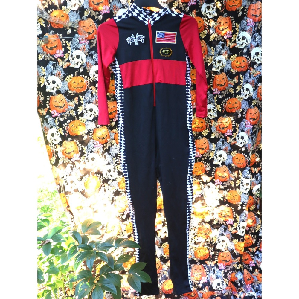 Red Race Car Driver Jumpsuit M Costume Set with Flag & Glasses Halloween F1
